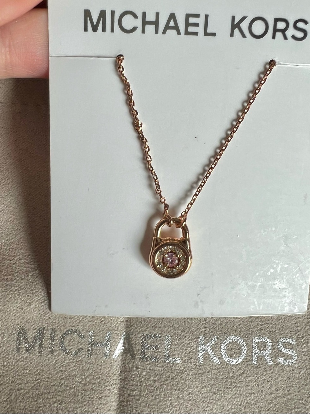 NWT Michael Kors Rose Gold Pave Padlock Necklace with Pink Crystal Center - Picture 3 of 5